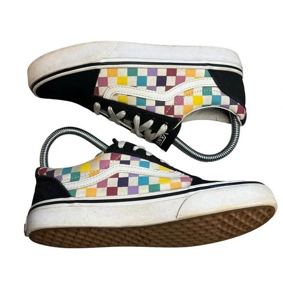Vans Old Skool Rainbow Checkerboard Girl’s Missy 4 Sneakers Canvas Suede Low Top - Picture 2 of 9